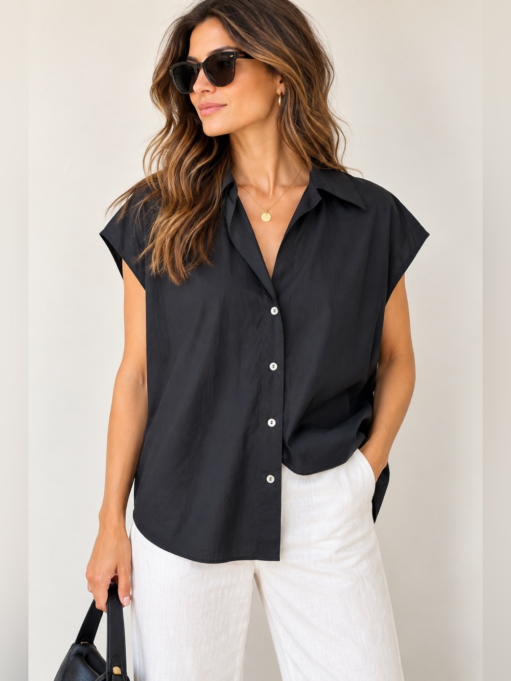 Vince Black 100% Cotton Oversized Cap Sleeve Button Down Blouse Top S